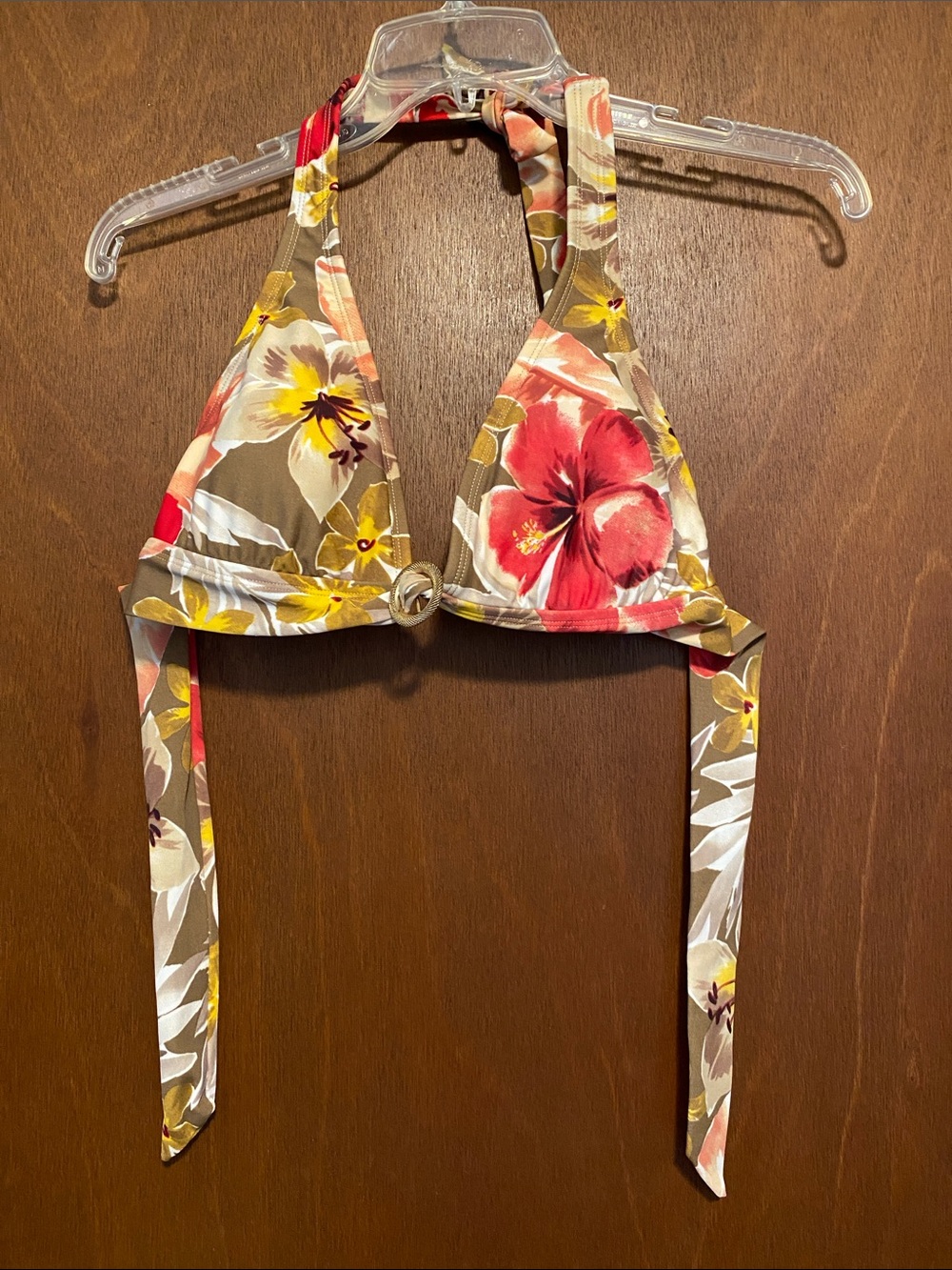 Floral Halter Bikini Top in Taupe with Red & Yellow Blooms